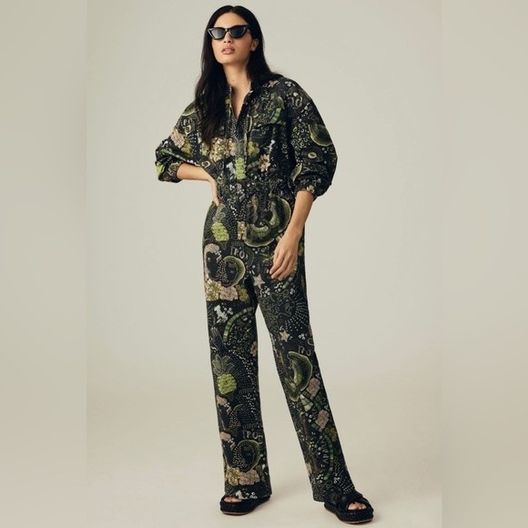 Farm Rio Canvas Jumpsuit In Borogodo Green NWT Size XS - Picture 2 of 6